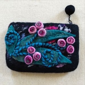 Rising Tide beautiful black & purple floral felted zip coin bag makeup bag